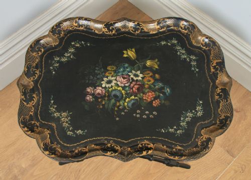 fig 5. Antique English Victorian Black Ebonised Chinoiserie Papier Mâché Butlers Drinks Tray (Circa 1860)