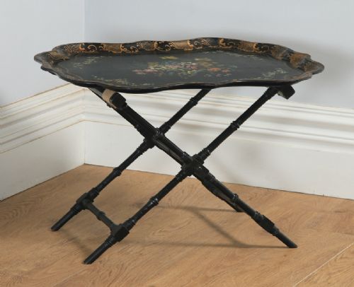 Antique English Victorian Black Ebonised Chinoiserie Papier Mâché Butlers Drinks Tray (Circa 1860)