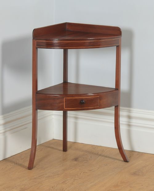 Antique English Georgian Regency Bow Front Mahogany & Inlaid Corner Table / Washstand (Circa 1810)
