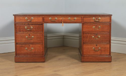 fig 2. Antique English Victorian Oak & Leather 5ft Partner’s Pedestal Office Desk (Circa 1880)