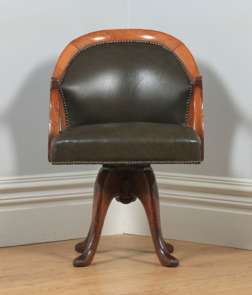 fig 1. Antique English Victorian Oak & Green Leather Revolving Office Desk Arm Chair by Hampton & Sons of London (Circa 1880)