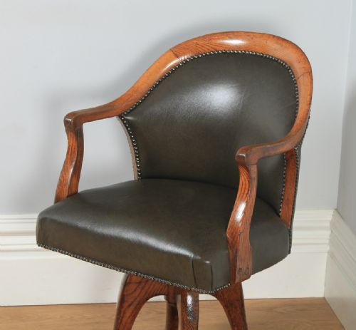 fig 2. Antique English Victorian Oak & Green Leather Revolving Office Desk Arm Chair by Hampton & Sons of London (Circa 1880)