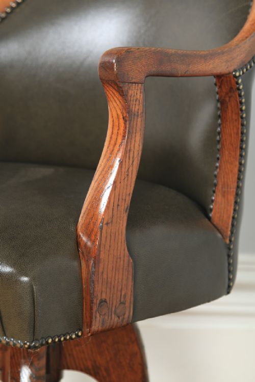 fig 5. Antique English Victorian Oak & Green Leather Revolving Office Desk Arm Chair by Hampton & Sons of London (Circa 1880)