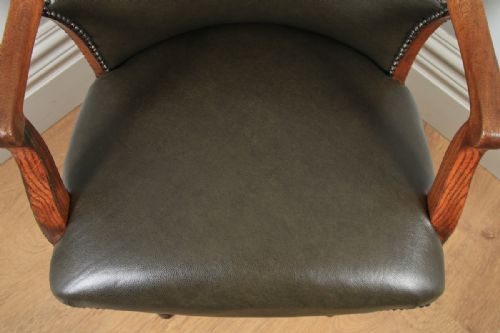 fig 6. Antique English Victorian Oak & Green Leather Revolving Office Desk Arm Chair by Hampton & Sons of London (Circa 1880)