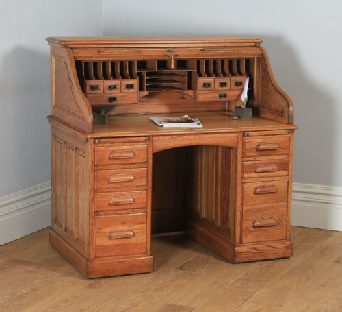 Antique English Edwardian Lebus 4ft 2” Oak Roll Top Pedestal Office Writing Desk (Circa 1910)