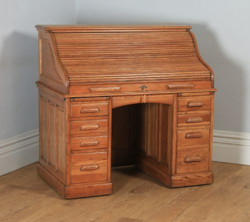 fig 1. Antique English Edwardian Lebus 4ft 2” Oak Roll Top Pedestal Office Writing Desk (Circa 1910)