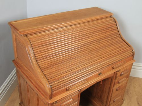 fig 2. Antique English Edwardian Lebus 4ft 2” Oak Roll Top Pedestal Office Writing Desk (Circa 1910)