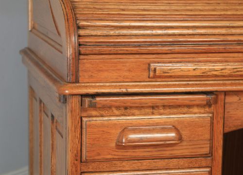 fig 3. Antique English Edwardian Lebus 4ft 2” Oak Roll Top Pedestal Office Writing Desk (Circa 1910)