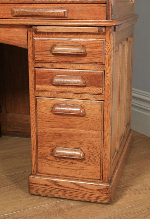 fig 5. Antique English Edwardian Lebus 4ft 2” Oak Roll Top Pedestal Office Writing Desk (Circa 1910)