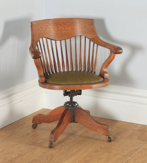 Antique English Edwardian Oak & Green Leather Revolving Swivel Office Desk Arm Chair (Circa 1910)