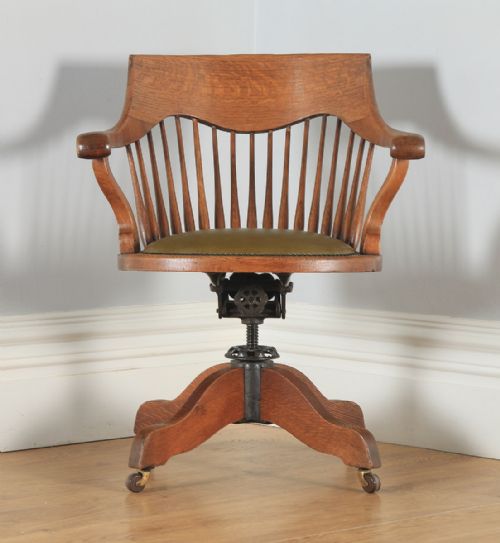 fig 1. Antique English Edwardian Oak & Green Leather Revolving Swivel Office Desk Arm Chair (Circa 1910)