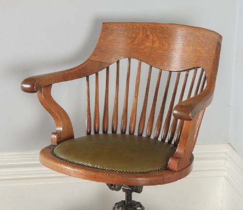 fig 2. Antique English Edwardian Oak & Green Leather Revolving Swivel Office Desk Arm Chair (Circa 1910)