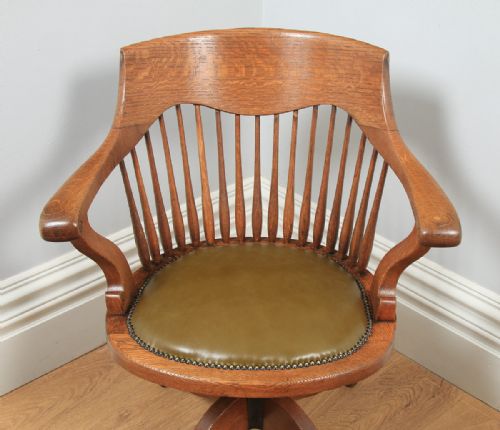 fig 3. Antique English Edwardian Oak & Green Leather Revolving Swivel Office Desk Arm Chair (Circa 1910)