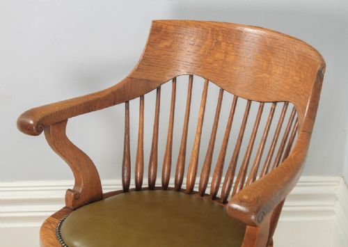 fig 4. Antique English Edwardian Oak & Green Leather Revolving Swivel Office Desk Arm Chair (Circa 1910)