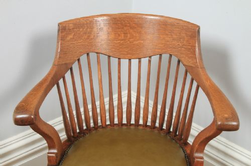 fig 5. Antique English Edwardian Oak & Green Leather Revolving Swivel Office Desk Arm Chair (Circa 1910)