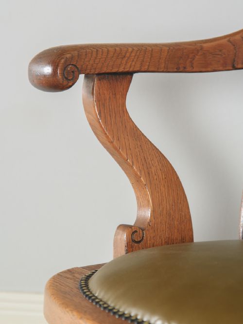 fig 6. Antique English Edwardian Oak & Green Leather Revolving Swivel Office Desk Arm Chair (Circa 1910)