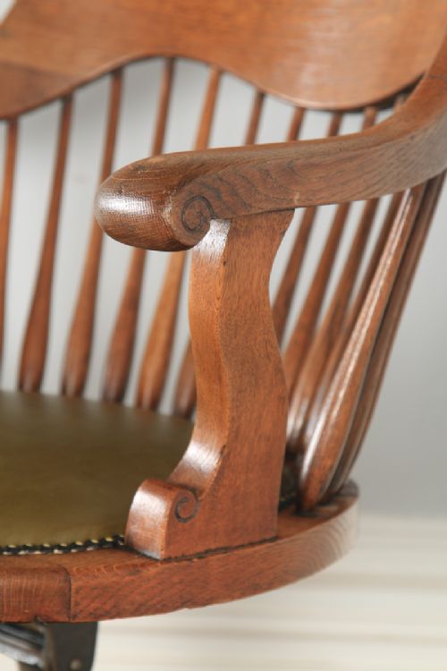 fig 7. Antique English Edwardian Oak & Green Leather Revolving Swivel Office Desk Arm Chair (Circa 1910)