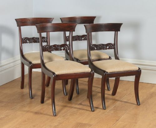 Antique English Georgian Regency Set of Four Flame Mahogany Bar Back Dining Chairs (Circa 1830)