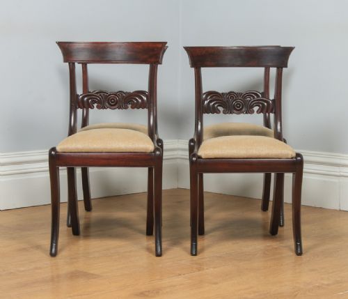 fig 1. Antique English Georgian Regency Set of Four Flame Mahogany Bar Back Dining Chairs (Circa 1830)