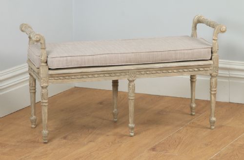 Antique French Louis XVI Style Beech Painted Upholstered Duet Window Stool Ottoman Seat (Circa 1930)