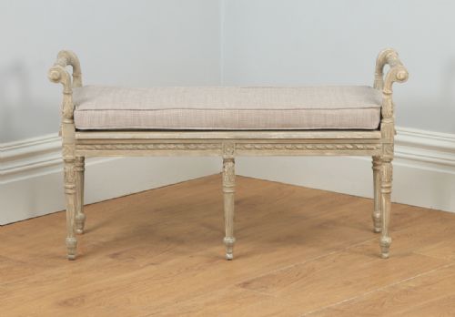 fig 1. Antique French Louis XVI Style Beech Painted Upholstered Duet Window Stool Ottoman Seat (Circa 1930)