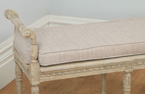 fig 2. Antique French Louis XVI Style Beech Painted Upholstered Duet Window Stool Ottoman Seat (Circa 1930)
