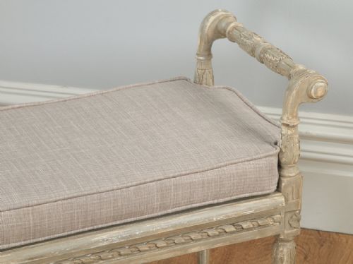 fig 3. Antique French Louis XVI Style Beech Painted Upholstered Duet Window Stool Ottoman Seat (Circa 1930)