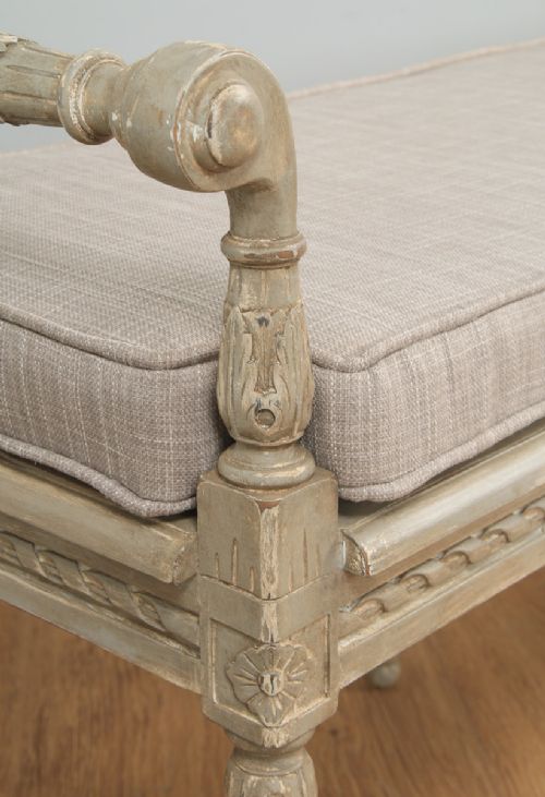 fig 5. Antique French Louis XVI Style Beech Painted Upholstered Duet Window Stool Ottoman Seat (Circa 1930)