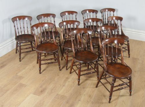 fig 1. Antique English Set of Twelve 12 Victorian Ash & Elm Windsor Spindle Bar Back Kitchen Dining Chairs (Circa 1880)