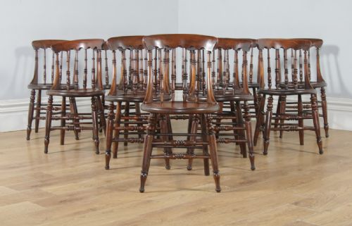 fig 2. Antique English Set of Twelve 12 Victorian Ash & Elm Windsor Spindle Bar Back Kitchen Dining Chairs (Circa 1880)