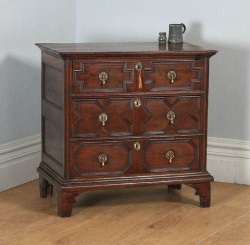 Small Antique English William & Mary 17th Century Oak Panelled Geometric Chest of Drawers (Circa 1690)