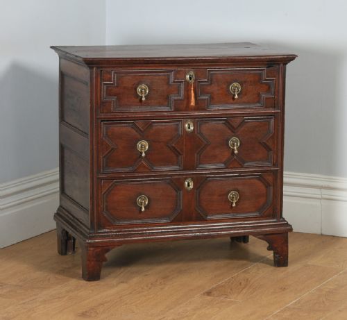 fig 1. Small Antique English William & Mary 17th Century Oak Panelled Geometric Chest of Drawers (Circa 1690)