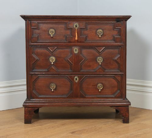 fig 2. Small Antique English William & Mary 17th Century Oak Panelled Geometric Chest of Drawers (Circa 1690)