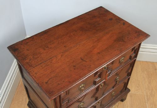 fig 3. Small Antique English William & Mary 17th Century Oak Panelled Geometric Chest of Drawers (Circa 1690)
