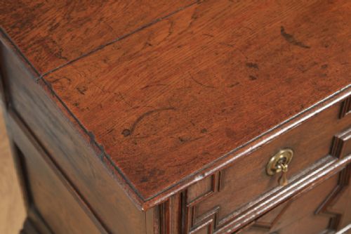 fig 4. Small Antique English William & Mary 17th Century Oak Panelled Geometric Chest of Drawers (Circa 1690)