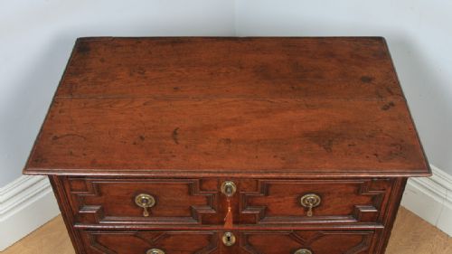 fig 5. Small Antique English William & Mary 17th Century Oak Panelled Geometric Chest of Drawers (Circa 1690)