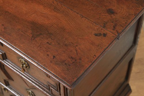 fig 6. Small Antique English William & Mary 17th Century Oak Panelled Geometric Chest of Drawers (Circa 1690)