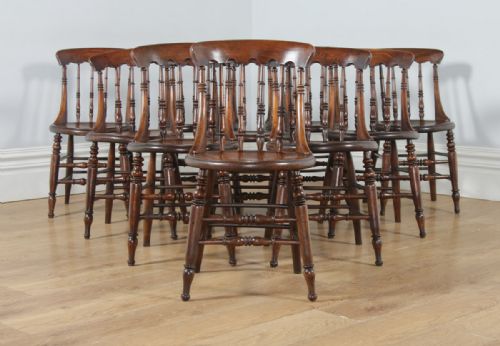 fig 1. Antique English Set of Ten 10 Victorian Ash & Elm Windsor Spindle Bar Back Kitchen Dining Chairs (Circa 1880)