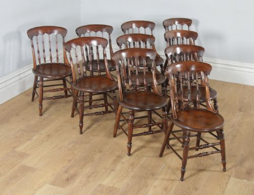 fig 2. Antique English Set of Ten 10 Victorian Ash & Elm Windsor Spindle Bar Back Kitchen Dining Chairs (Circa 1880)