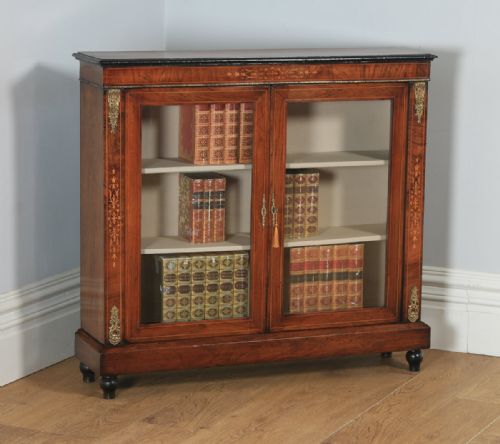 Antique English Victorian Figured Walnut Marquetry Inlaid Two Door Pier Glass Display Cabinet  (Circa 1870)
