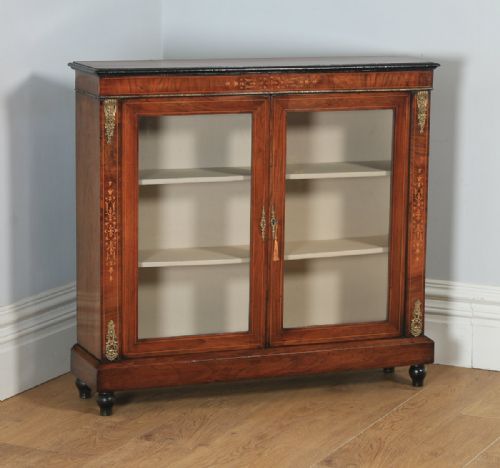 fig 1. Antique English Victorian Figured Walnut Marquetry Inlaid Two Door Pier Glass Display Cabinet (Circa 1870)