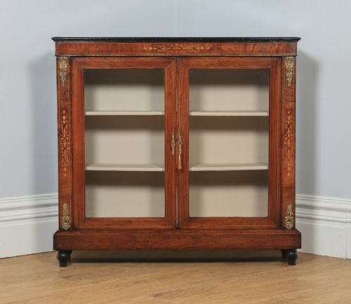 fig 2. Antique English Victorian Figured Walnut Marquetry Inlaid Two Door Pier Glass Display Cabinet (Circa 1870)