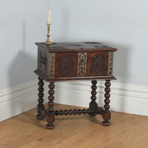 Antique English 17th Century Style Oak & Steel Bible Box / Trunk / Blanket Chest on Stand (Circa 1870)