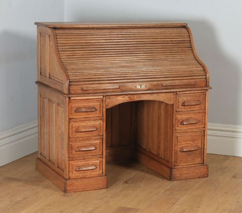 fig 1. Antique English Edwardian 4ft 2” Oak Roll Top Pedestal Office Writing Desk (Circa 1910)