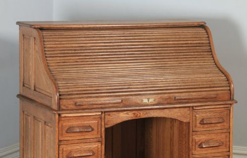 fig 2. Antique English Edwardian 4ft 2” Oak Roll Top Pedestal Office Writing Desk (Circa 1910)