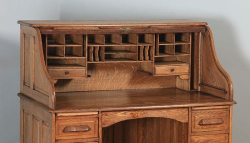 fig 3. Antique English Edwardian 4ft 2” Oak Roll Top Pedestal Office Writing Desk (Circa 1910)