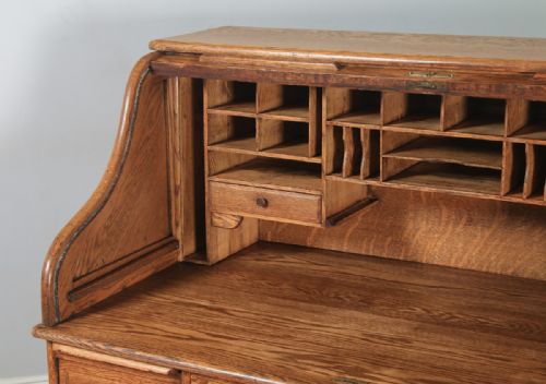 fig 6. Antique English Edwardian 4ft 2” Oak Roll Top Pedestal Office Writing Desk (Circa 1910)