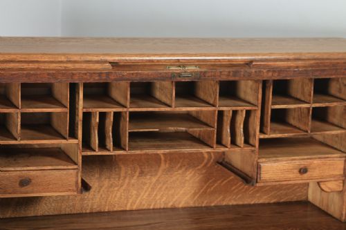 fig 7. Antique English Edwardian 4ft 2” Oak Roll Top Pedestal Office Writing Desk (Circa 1910)