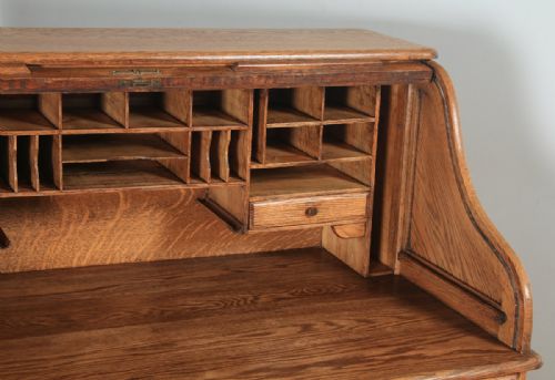 fig 8. Antique English Edwardian 4ft 2” Oak Roll Top Pedestal Office Writing Desk (Circa 1910)