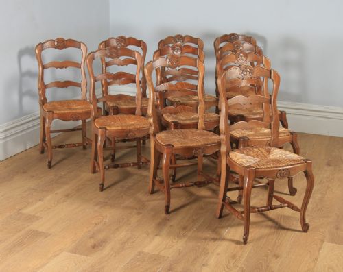 Antique Set of 10 Ten French Louis XV Style Oak Ladder Back Kitchen Dining Chairs (Circa 1910)